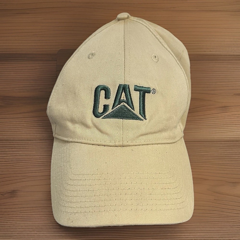 Caterpillar CAT Tan Beige Six Panel Hat Cap Adjustable Hook and Loop Closure